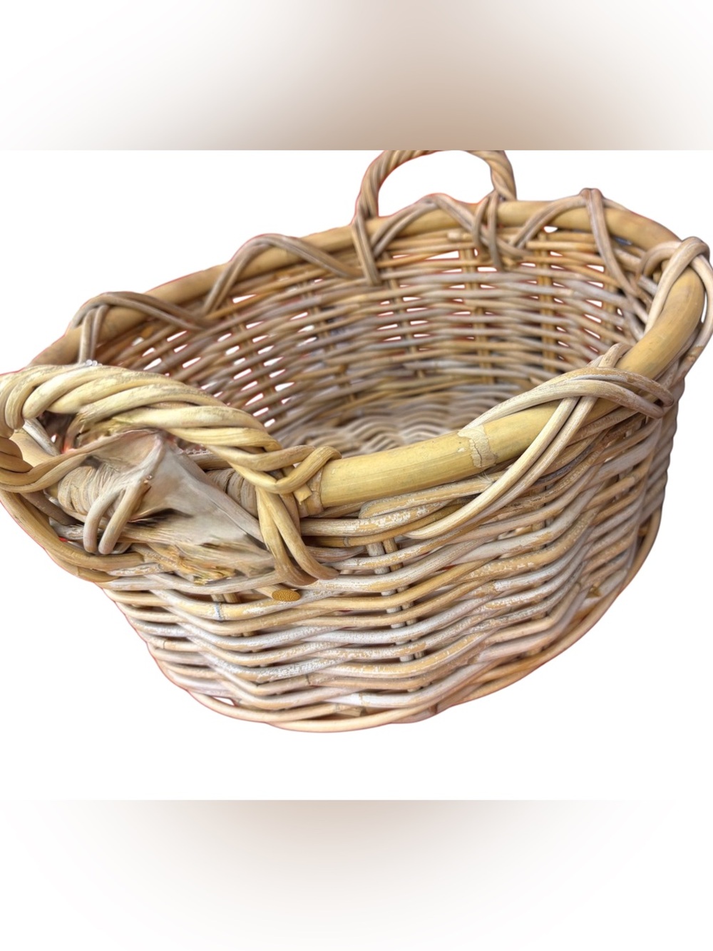 Vintage Aged Driftwood round Basket with Handles, Woven Branch Decorative Basket